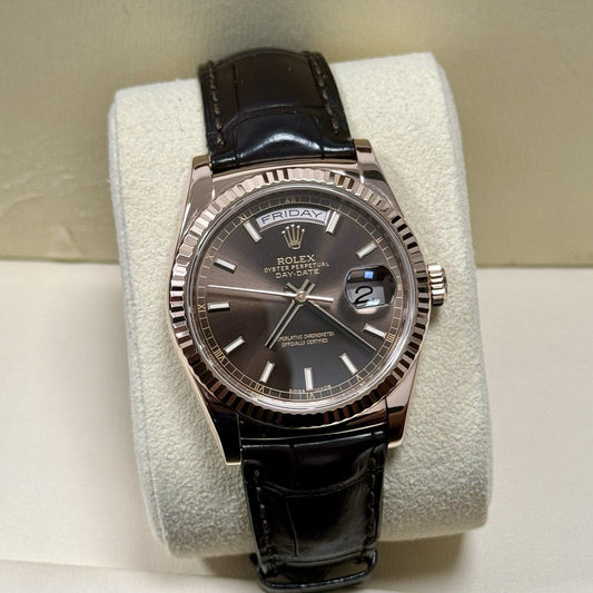 Rolex Day Date 36 Chocolate Dial 118135. Leather Strap. 2014 Full Set Box Papers