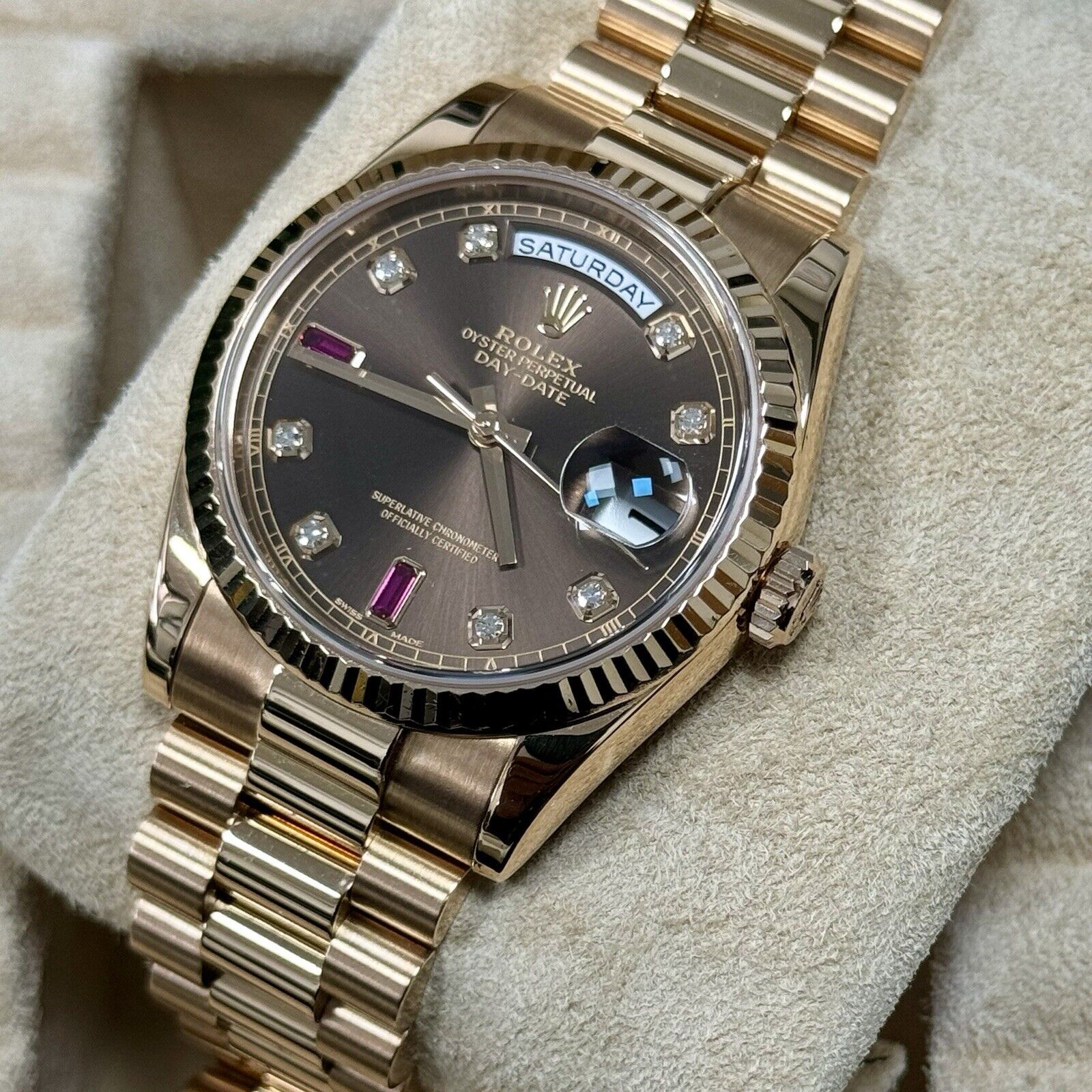 Rolex Day Date 36 118235 Rose Gold Chocolate Ruby Diamond Dial