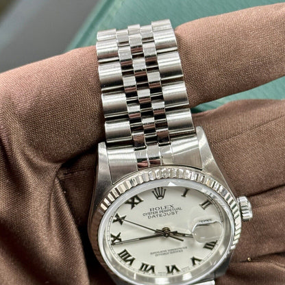 Rolex Datejust 36 16234 Steel. White Roman Dial. 2004 Y Serial Box + Papers