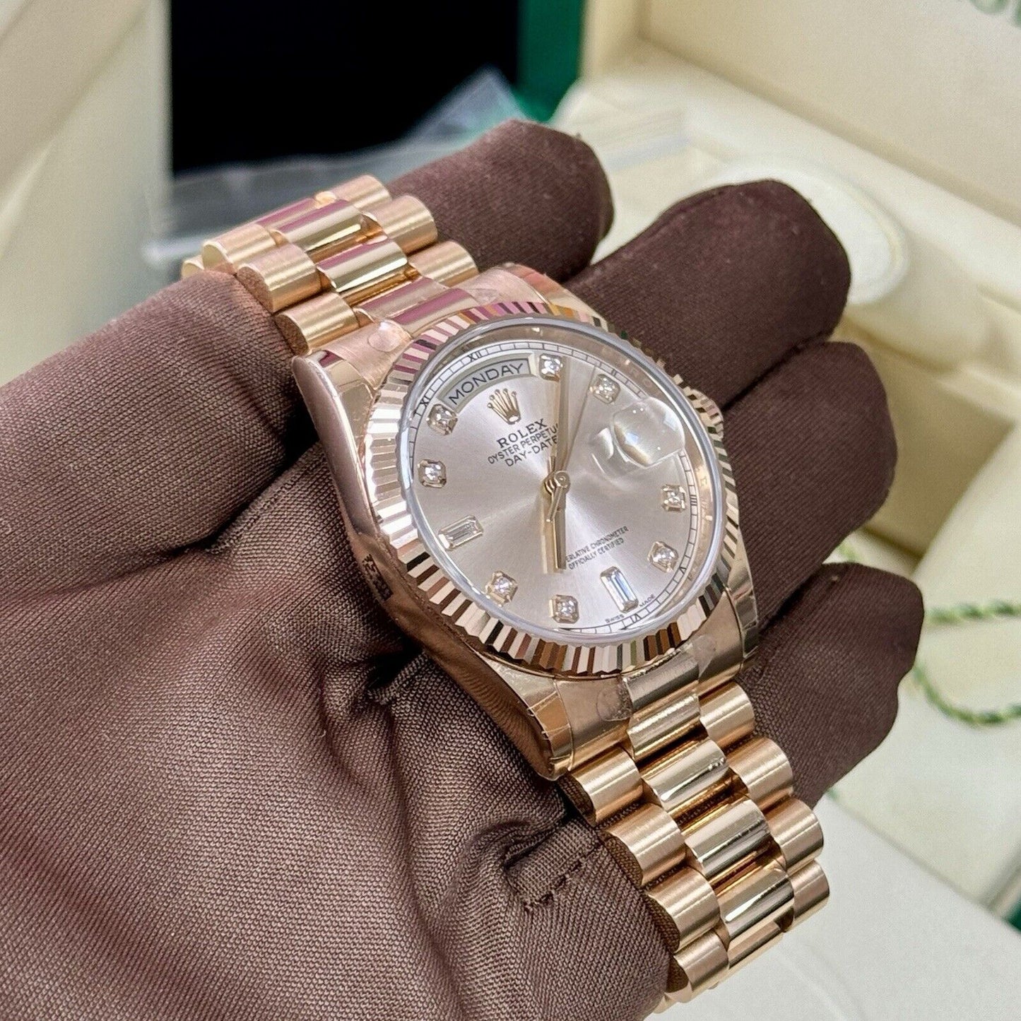 Rolex Day Date 36 Rose Gold. 118235 Diamond Dial. 2018 Full Stickers Box Papers