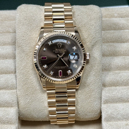 Rolex Day Date 36 118235 Rose Gold Chocolate Ruby Diamond Dial. 2001 Full Set