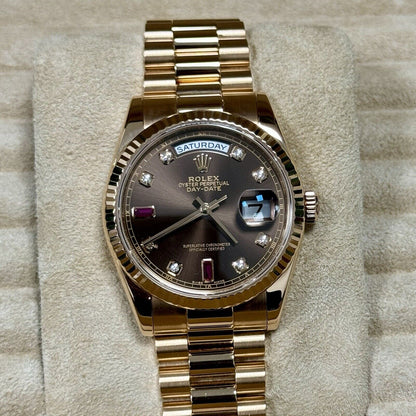 Rolex Day Date 36 118235 Rose Chocolate Ruby Diamond Dial