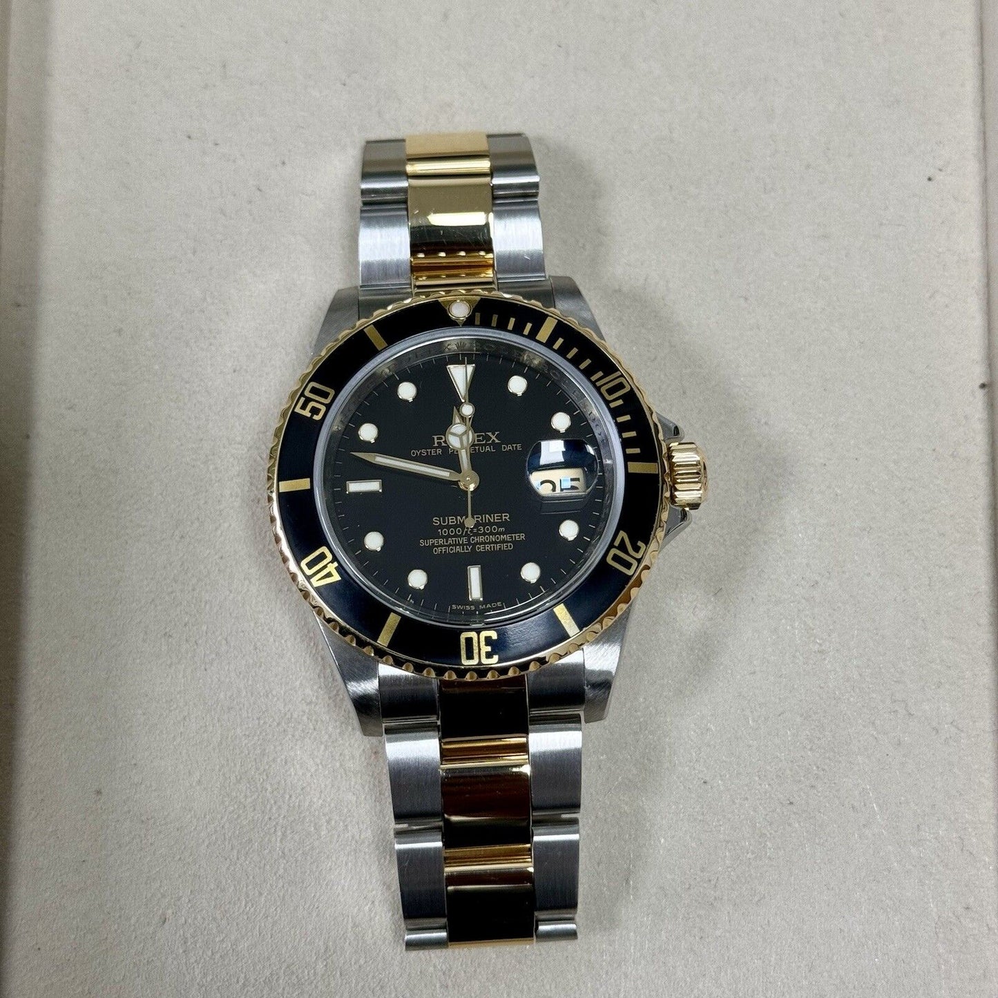 Rolex Submariner 16613LN Steel + Gold. 2007 Full Set Box Papers, Engraved Rehaut