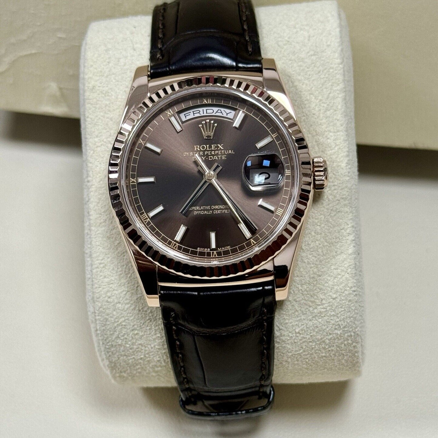 Rolex Day Date 36 Chocolate Dial 118135. Leather Strap. 2014 Full Set Box Papers