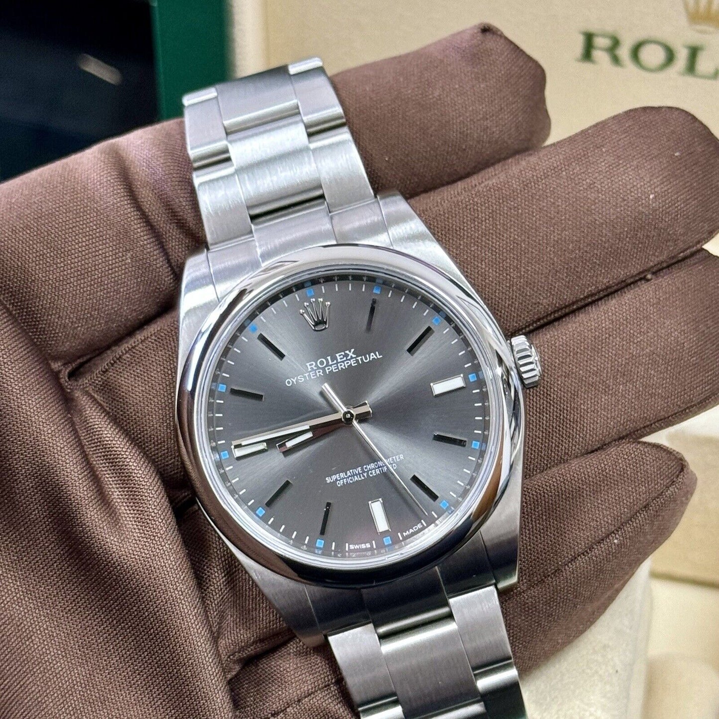 Rolex Oyster Perpetual 39mm 114300 Rhodium Baby Blue Dial. 2017 Box & Papers