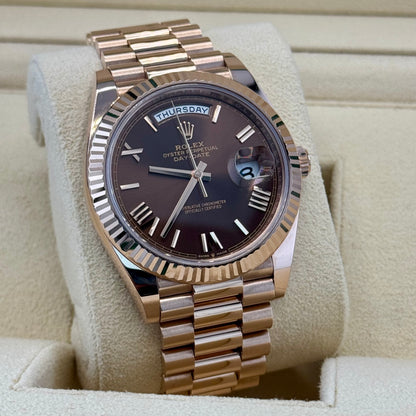 Rolex Day Date 40 Rose Gold Chocolate Roman. 2023 Full Set