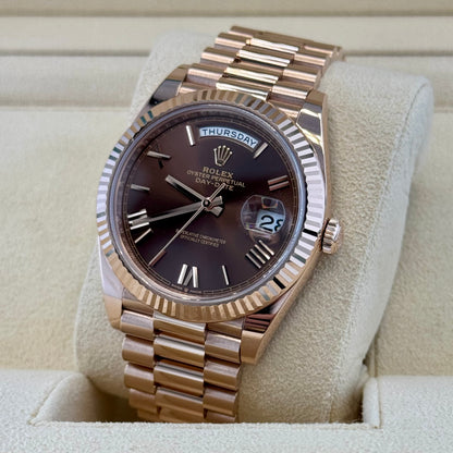 Rolex Day Date 40 Rose Gold Chocolate Roman. 2023 Full Set
