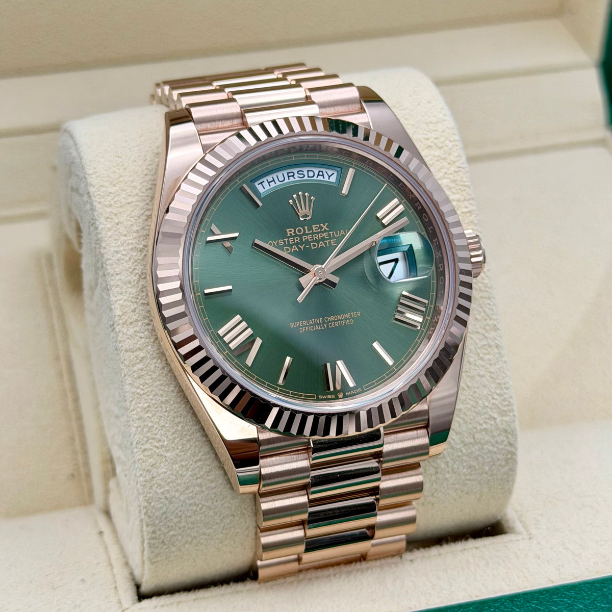 Rolex Day-Date 40 Rose Gold 228235 Olive Dial. 2023 Full Set Immaculate