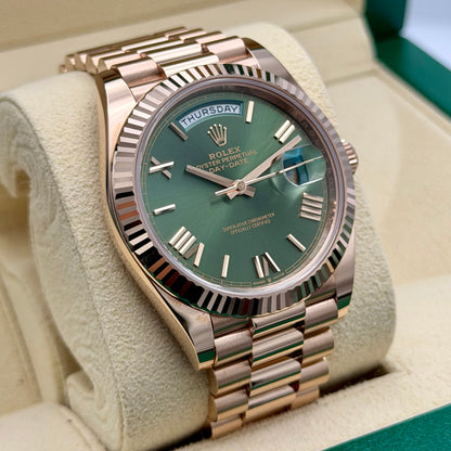 Rolex Day-Date 40 Rose Gold 228235 Olive Dial. 2023 Full Set Immaculate
