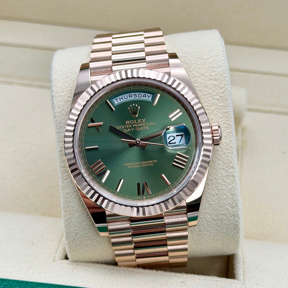 Rolex Day-Date 40 Rose Gold 228235 Olive Dial. 2023 Full Set Immaculate