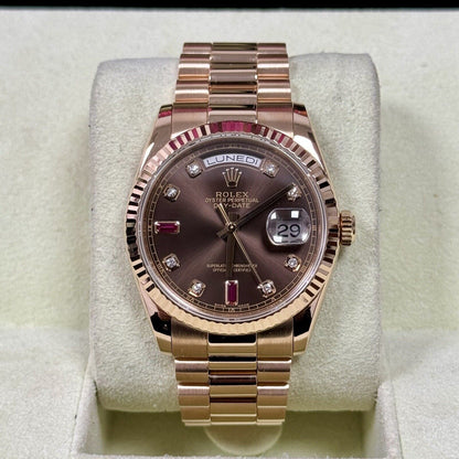 Rolex Day Date 36 118235 Rose Gold. Chocolate Diamond Ruby Dial. 2006 Box Papers