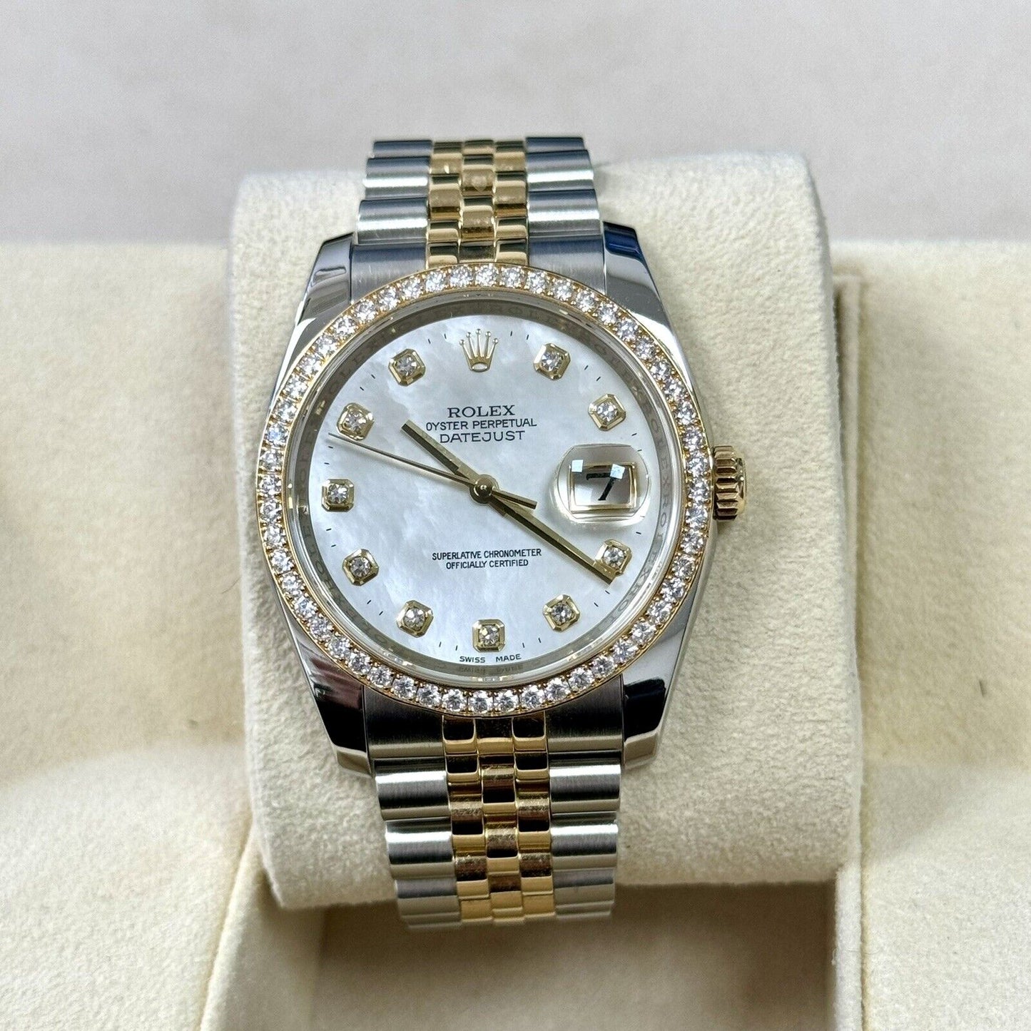 Rolex Datejust 36 Steel Yellow Gold 116243. MOP Pearl Diamond Dial + Bezel. 2015