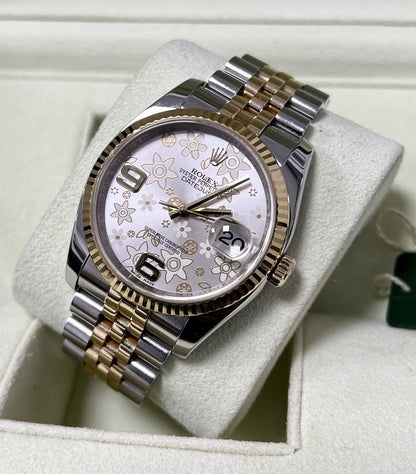 Rolex Datejust 36 Steel +  Yellow Gold. 116233. Floral Dial. 2014 Box Papers