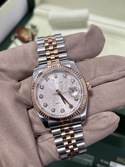 Rolex Datejust 36 Steel Rose Gold. 116231. Factory Diamond Dial. 2013 Box Papers