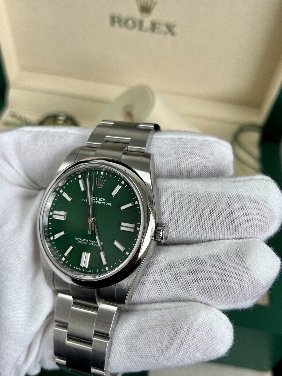 Rolex Oyster Perpetual 41 Green Dial 124300. Fully Stickered, 2022 Box Papers