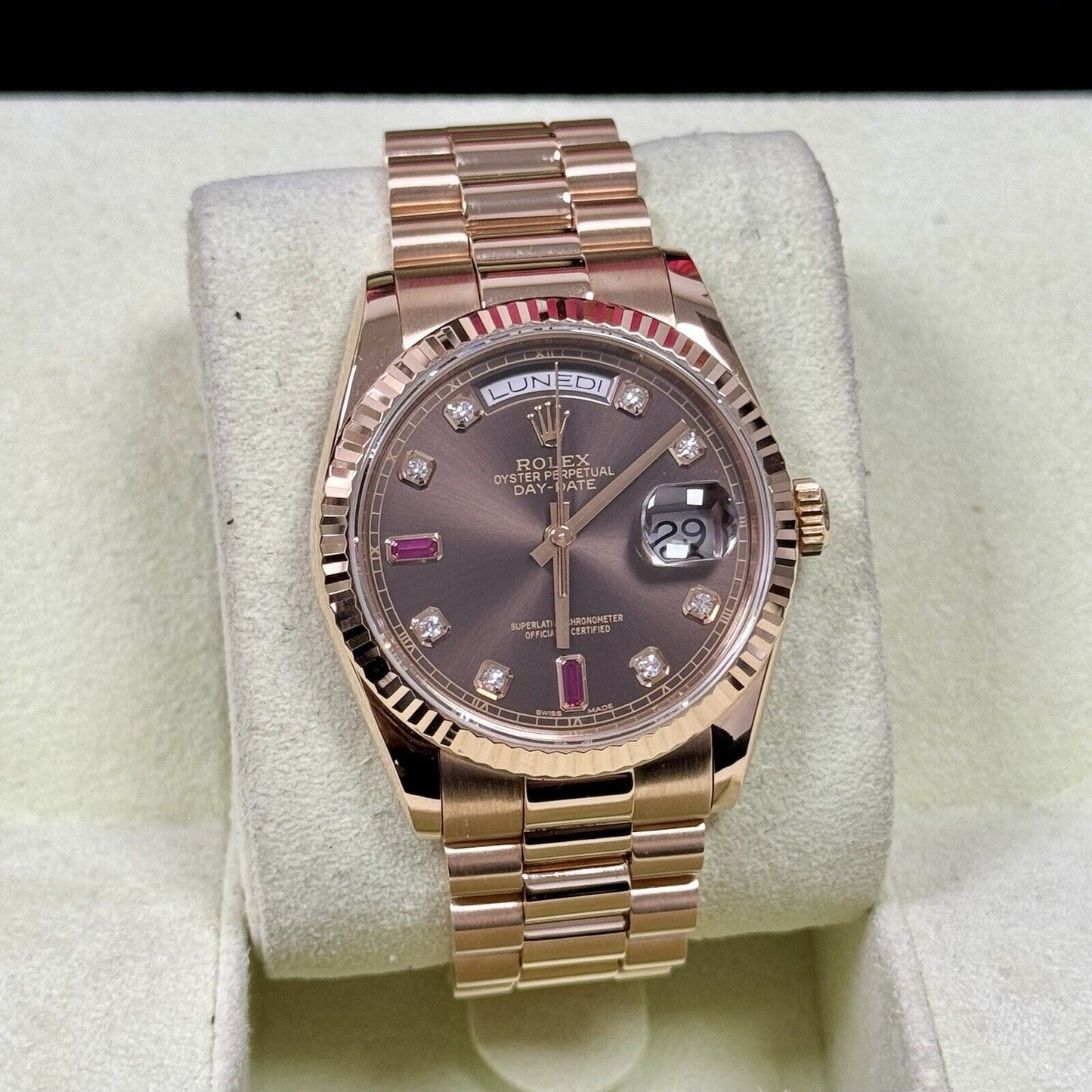 Rolex Day Date 36 118235 Rose Gold. Chocolate Diamond Ruby Dial. 2006 Box Papers