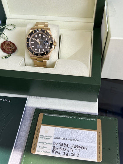 Rolex Submariner 116618LN Yellow Gold Black Kit. 2013, Box & Papers, Immaculate