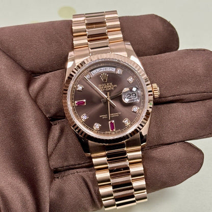 Rolex Day Date 36 118235 Rose Gold. Chocolate Diamond Ruby Dial. 2006 Box Papers