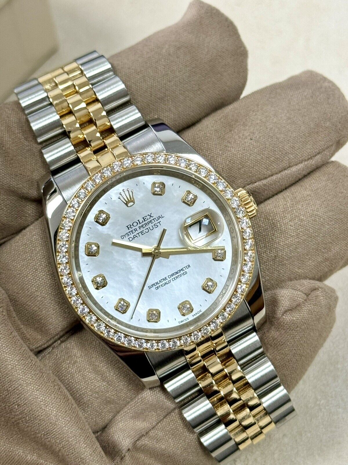 Rolex Datejust 36 Steel Yellow Gold 116243. MOP Pearl Diamond Dial + Bezel. 2015