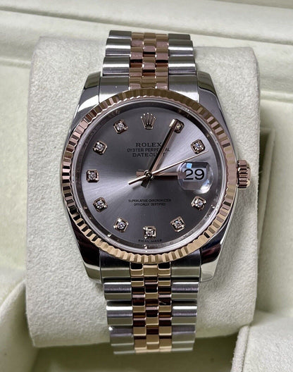 Rolex Datejust 36 Steel Rose Gold. 116231. Grey Diamond Dial. 2011 Box Papers