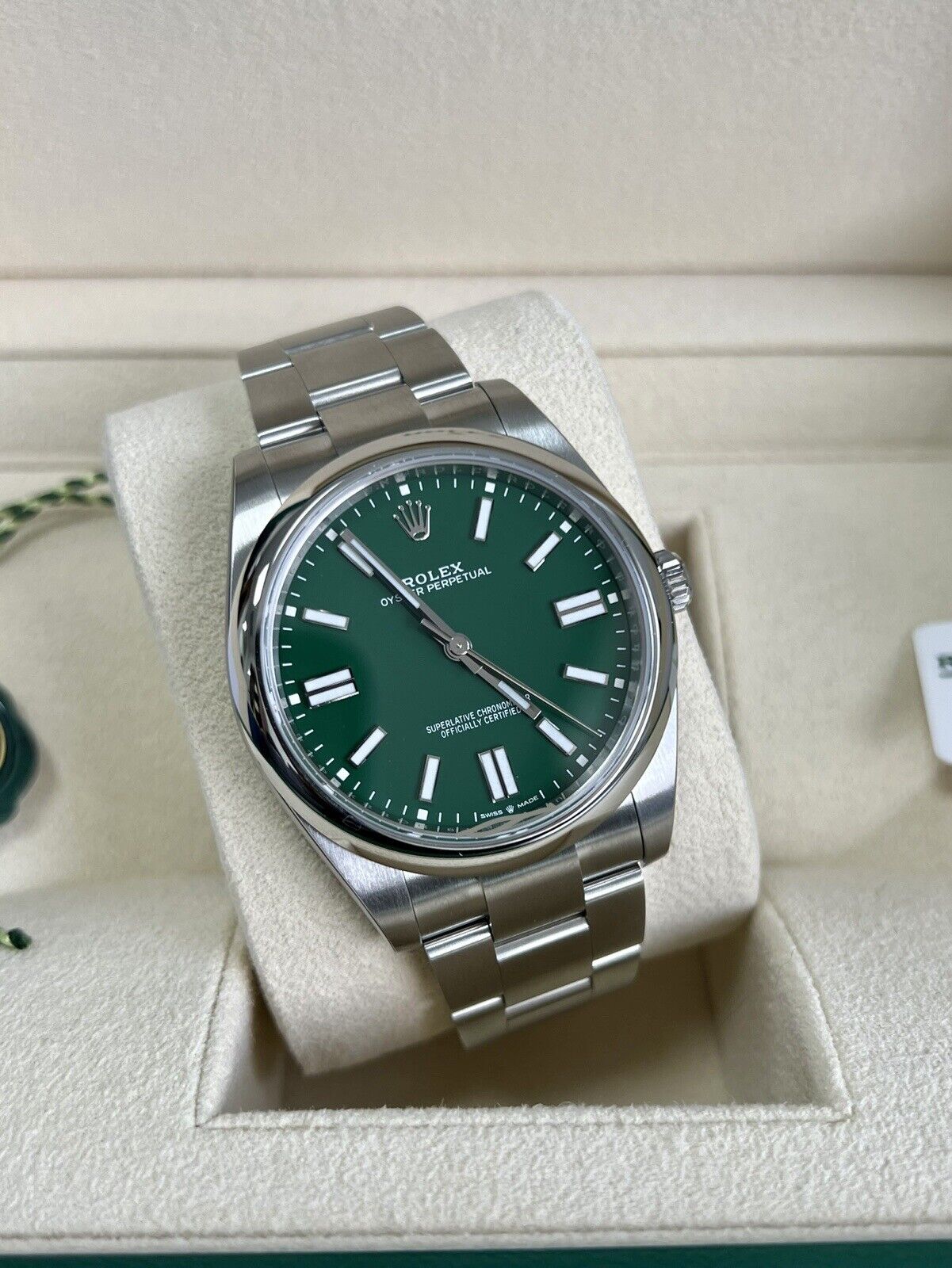 Rolex Oyster Perpetual 41 Green Dial 124300. Fully Stickered, 2022 Box Papers