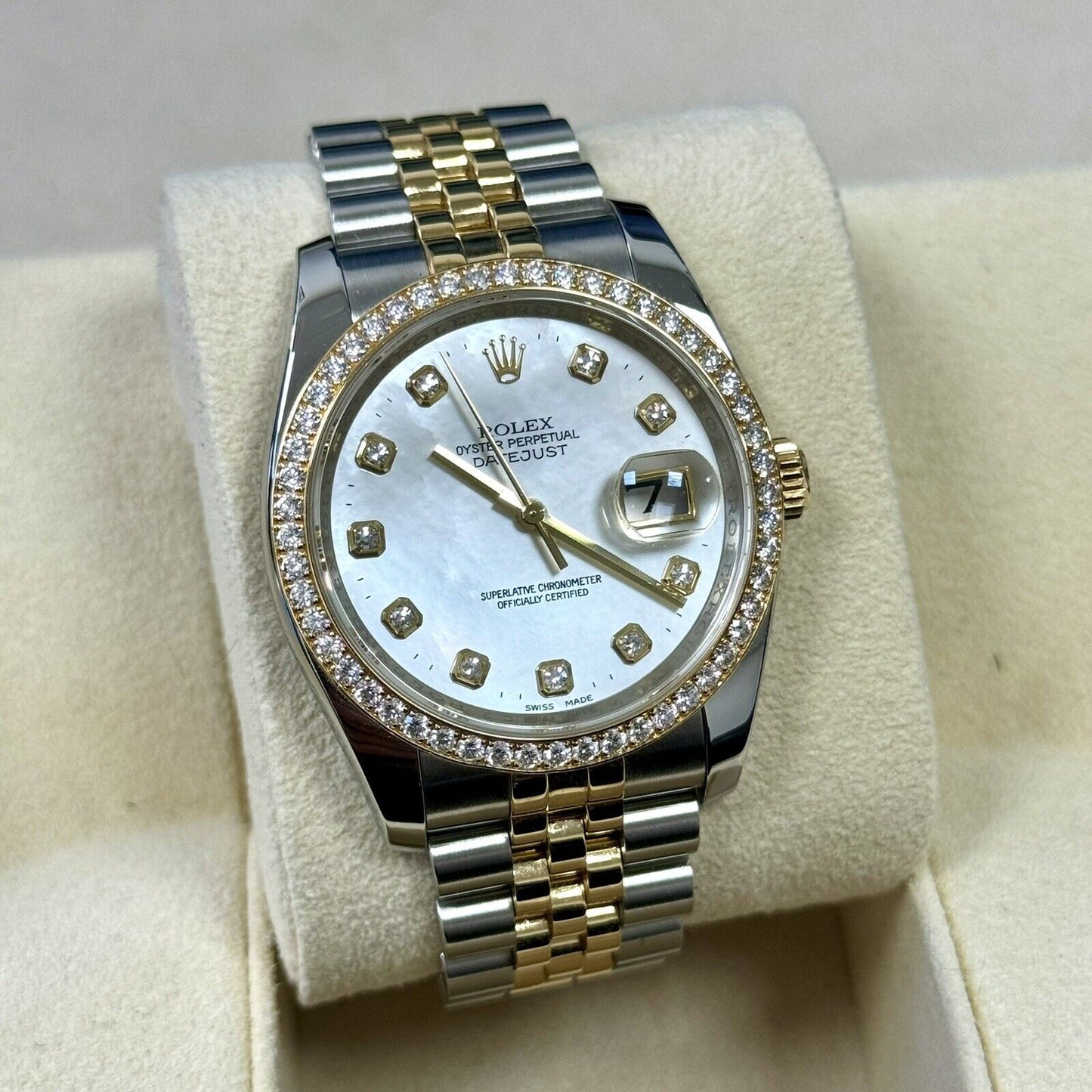 Rolex Datejust 36 Steel Yellow Gold 116243. MOP Pearl Diamond Dial + Bezel. 2015