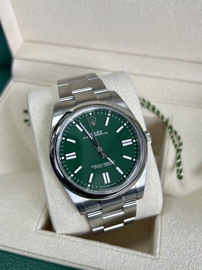 Rolex Oyster Perpetual 41 Green Dial 124300. Fully Stickered, 2022 Box Papers