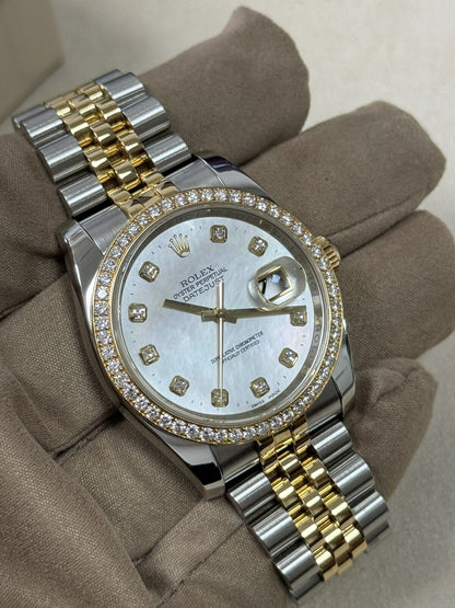 Rolex Datejust 36 Steel Yellow Gold 116243. MOP Pearl Diamond Dial + Bezel. 2015