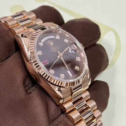 Rolex Day Date 36 118235 Rose Gold. Chocolate Diamond Ruby Dial. 2006 Box Papers