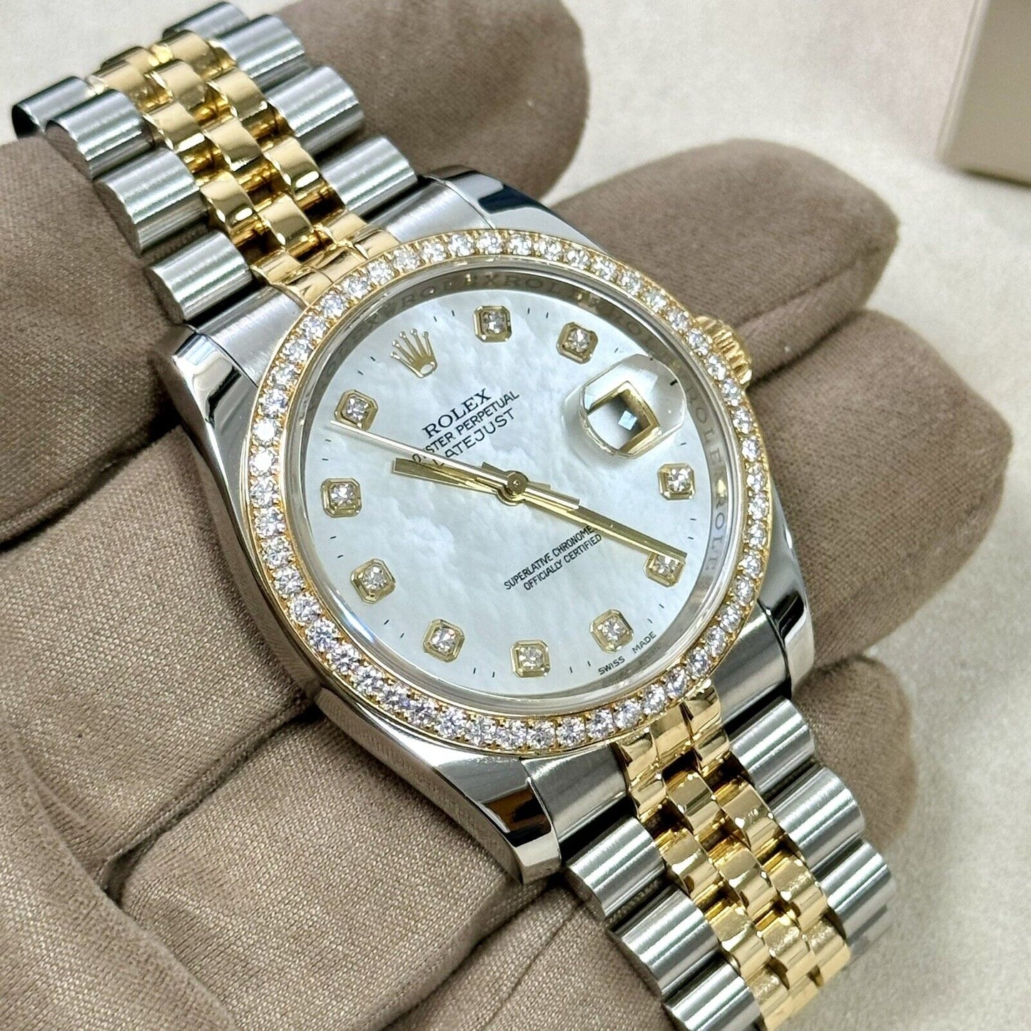 Rolex Datejust 36 Steel Yellow Gold 116243. MOP Pearl Diamond Dial + Bezel. 2015