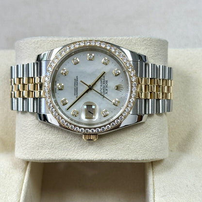 Rolex Datejust 36 Steel Yellow Gold 116243. MOP Pearl Diamond Dial + Bezel. 2015