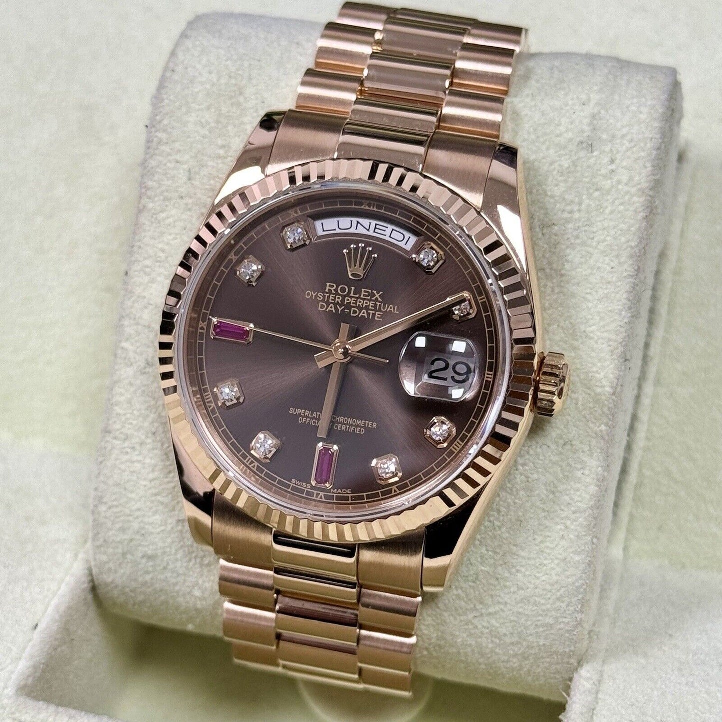 Rolex Day Date 36 118235 Rose Gold. Chocolate Diamond Ruby Dial. 2006 Box Papers