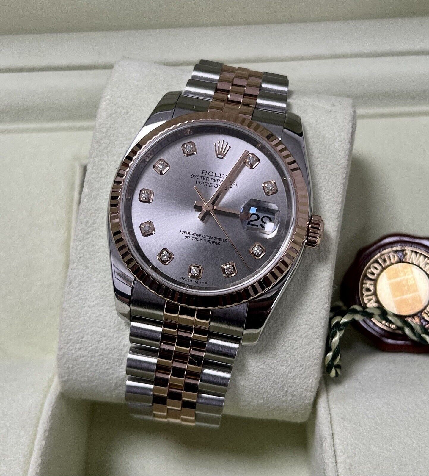 Rolex Datejust 36 Steel Rose Gold. 116231. Grey Diamond Dial. 2011 Box Papers