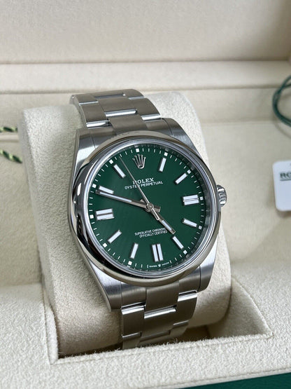 Rolex Oyster Perpetual 41 Green Dial 124300. Fully Stickered, 2022 Box Papers