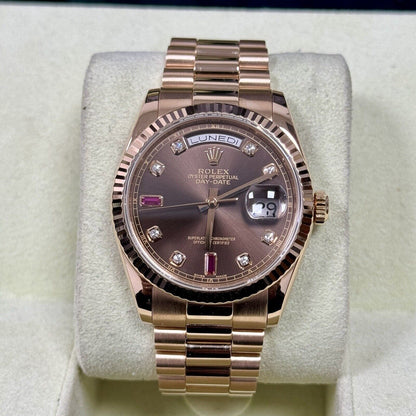 Rolex Day Date 36 118235 Rose Gold. Chocolate Diamond Ruby Dial. 2006 Box Papers