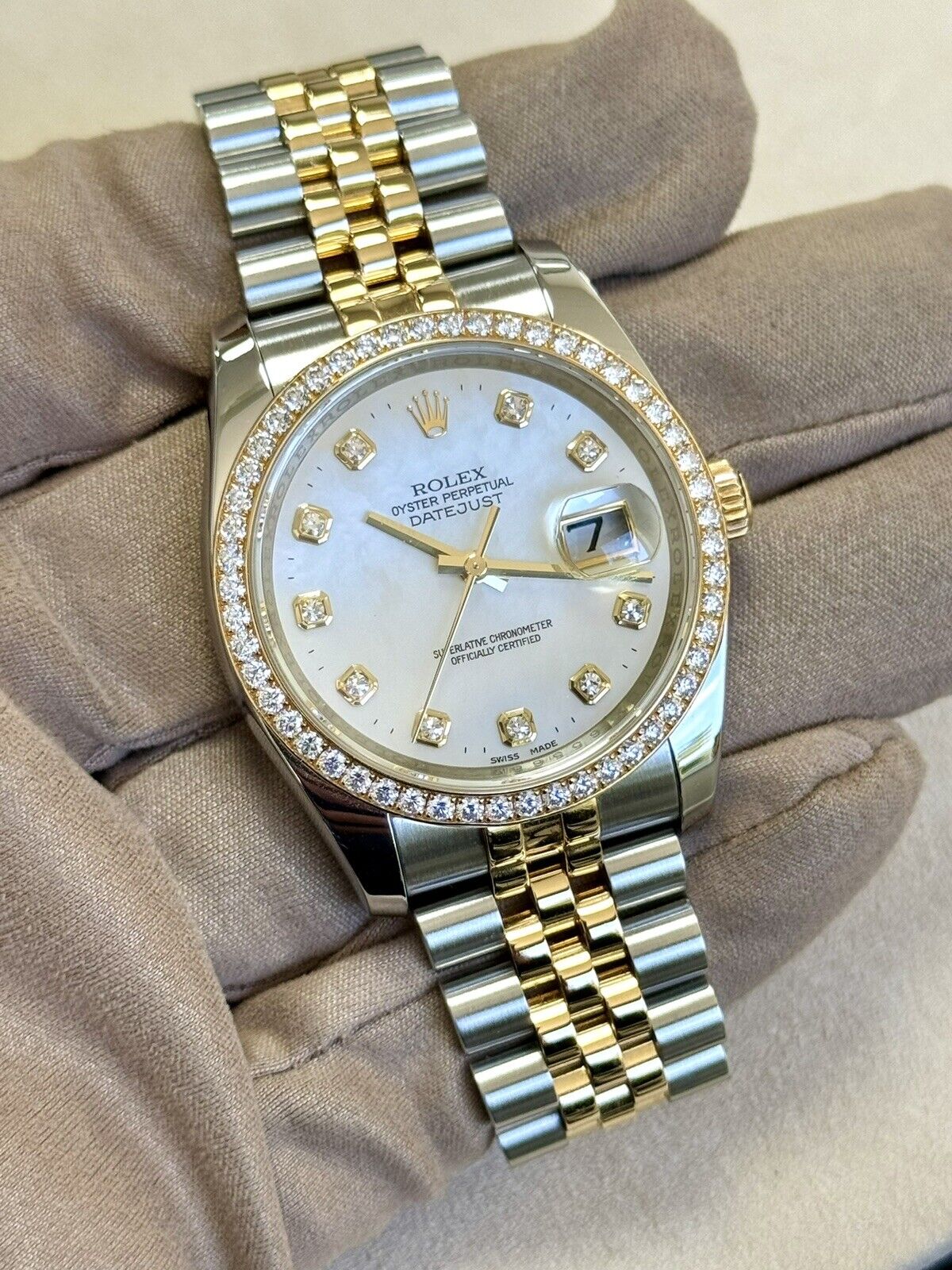 Rolex Datejust 36 Steel Yellow Gold 116243. MOP Pearl Diamond Dial + Bezel. 2015