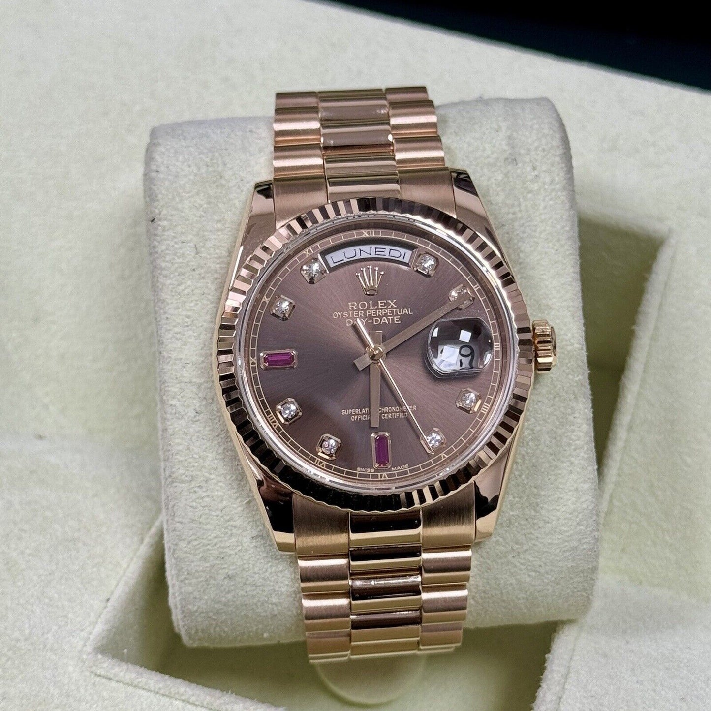 Rolex Day Date 36 118235 Rose Gold. Chocolate Diamond Ruby Dial. 2006 Box Papers