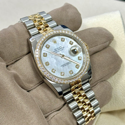 Rolex Datejust 36 Steel Yellow Gold 116243. MOP Pearl Diamond Dial + Bezel. 2015