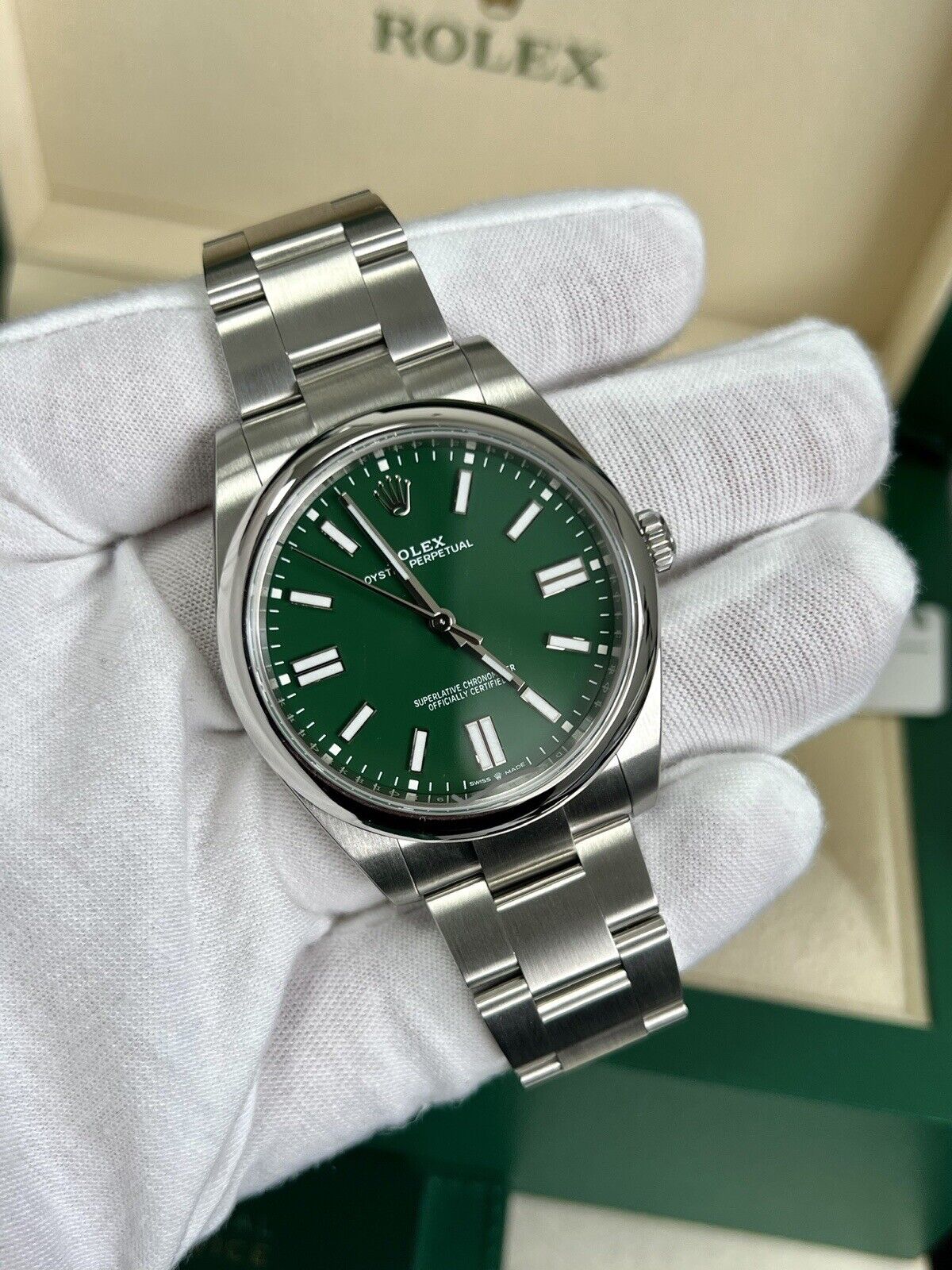 Rolex Oyster Perpetual 41 Green Dial 124300. Fully Stickered, 2022 Box Papers