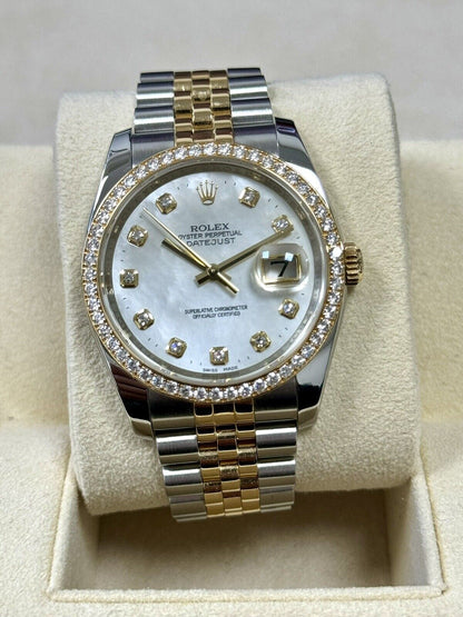 Rolex Datejust 36 Steel Yellow Gold 116243. MOP Pearl Diamond Dial + Bezel. 2015