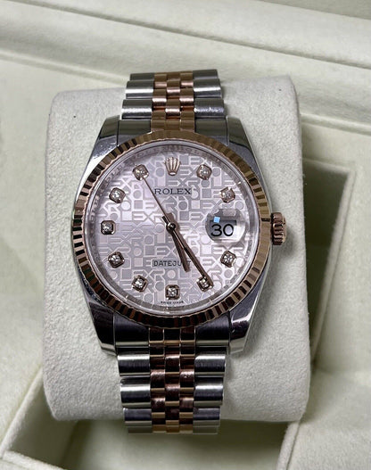 Rolex Datejust 36 Steel Rose Gold. 116231. Factory Diamond Dial. 2013 Box Papers