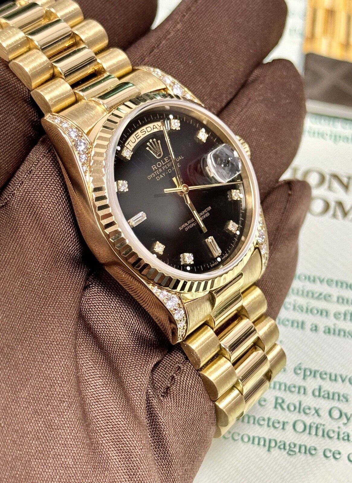 Rolex Day Date 36mm 18338. Factory Diamond Shoulders & Dial. 1995 Box & Papers