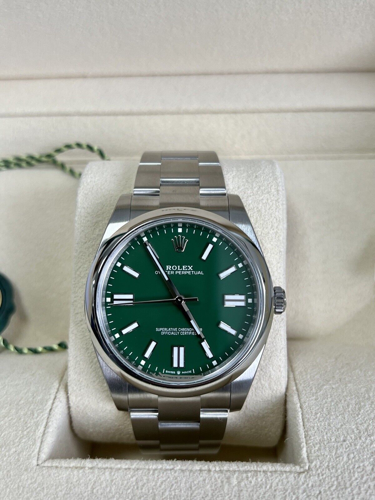 Rolex Oyster Perpetual 41 Green Dial 124300. Fully Stickered, 2022 Box Papers