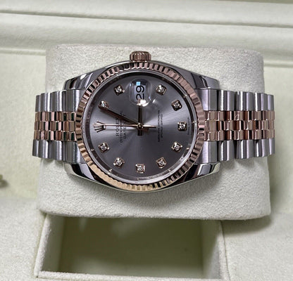 Rolex Datejust 36 Steel Rose Gold. 116231. Grey Diamond Dial. 2011 Box Papers