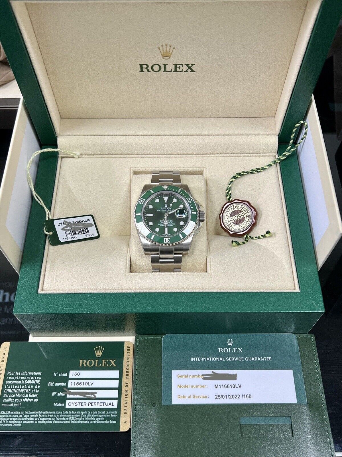 Rolex Submariner Hulk 40mm 116610LV. 2014 Box & Papers & 2022 Service Papers.