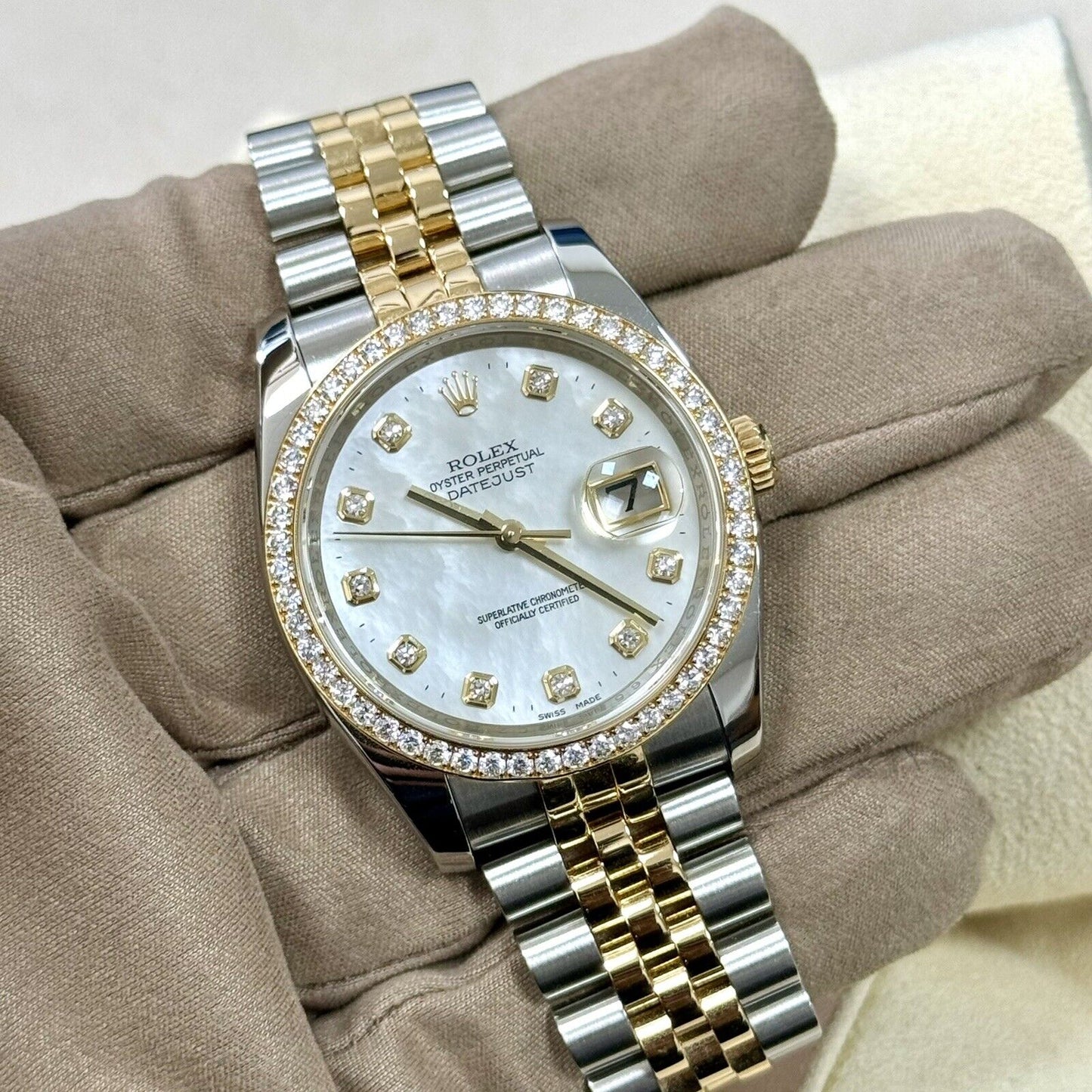 Rolex Datejust 36 Steel Yellow Gold 116243. MOP Pearl Diamond Dial + Bezel. 2015