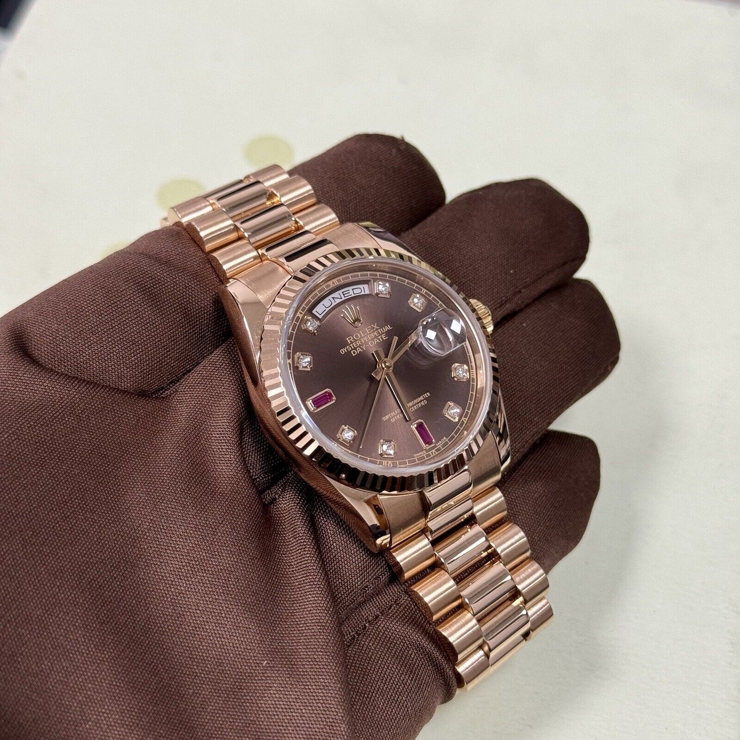 Rolex Day Date 36 118235 Rose Gold. Chocolate Diamond Ruby Dial. 2006 Box Papers