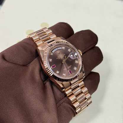 Rolex Day Date 36 118235 Rose Gold. Chocolate Diamond Ruby Dial. 2006 Box Papers