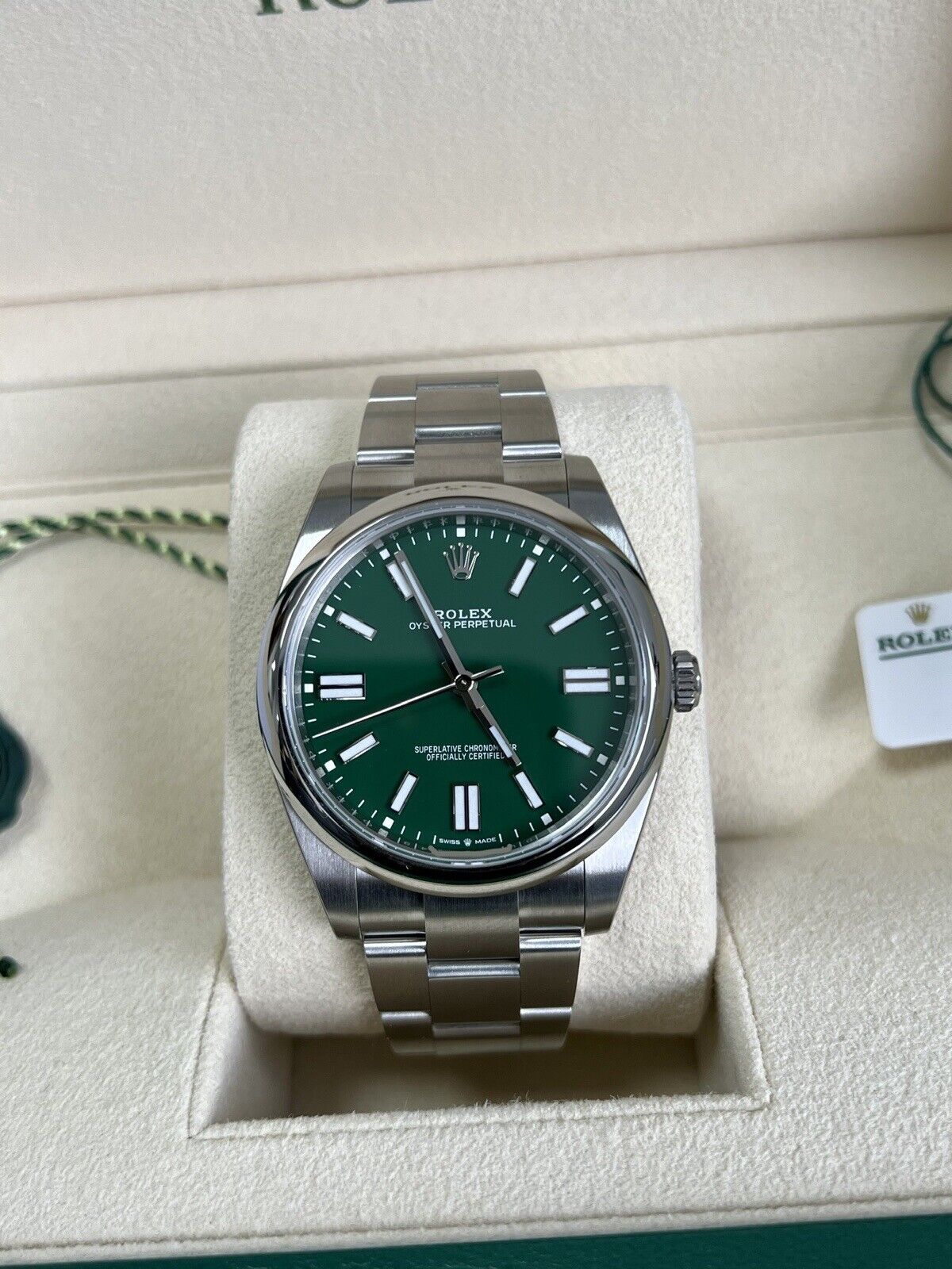 Rolex Oyster Perpetual 41 Green Dial 124300. Fully Stickered, 2022 Box Papers