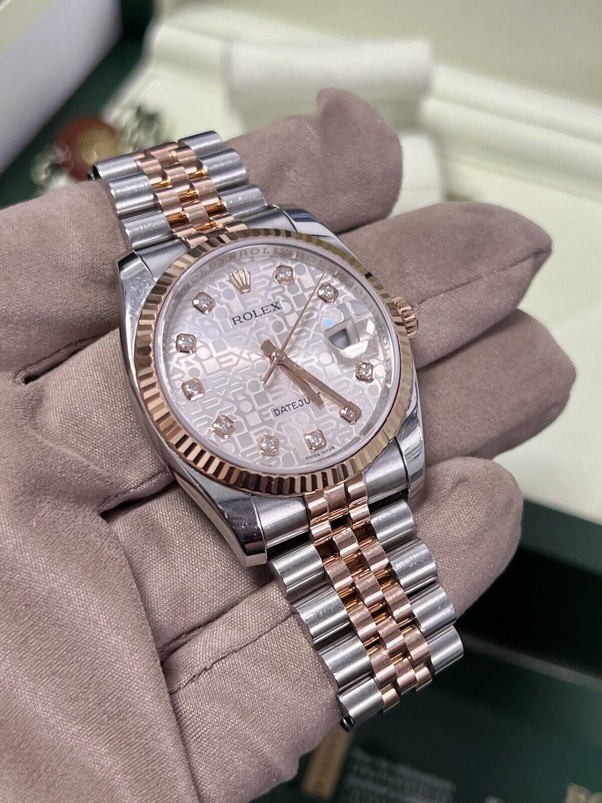 Rolex Datejust 36 Steel Rose Gold. 116231. Factory Diamond Dial. 2013 Box Papers